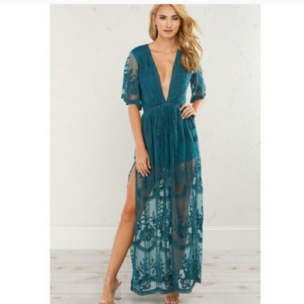 Teal green lace maxi romper